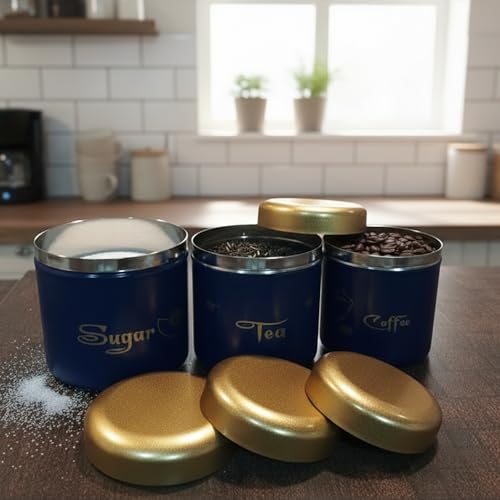 Premium Tea Sugar Coffee Canister Set of 3, Modern Blue Colour with Golden Lids, Stainless Steel Matte Storage Jars, Ideal for Gifting, Dishwasher Safe